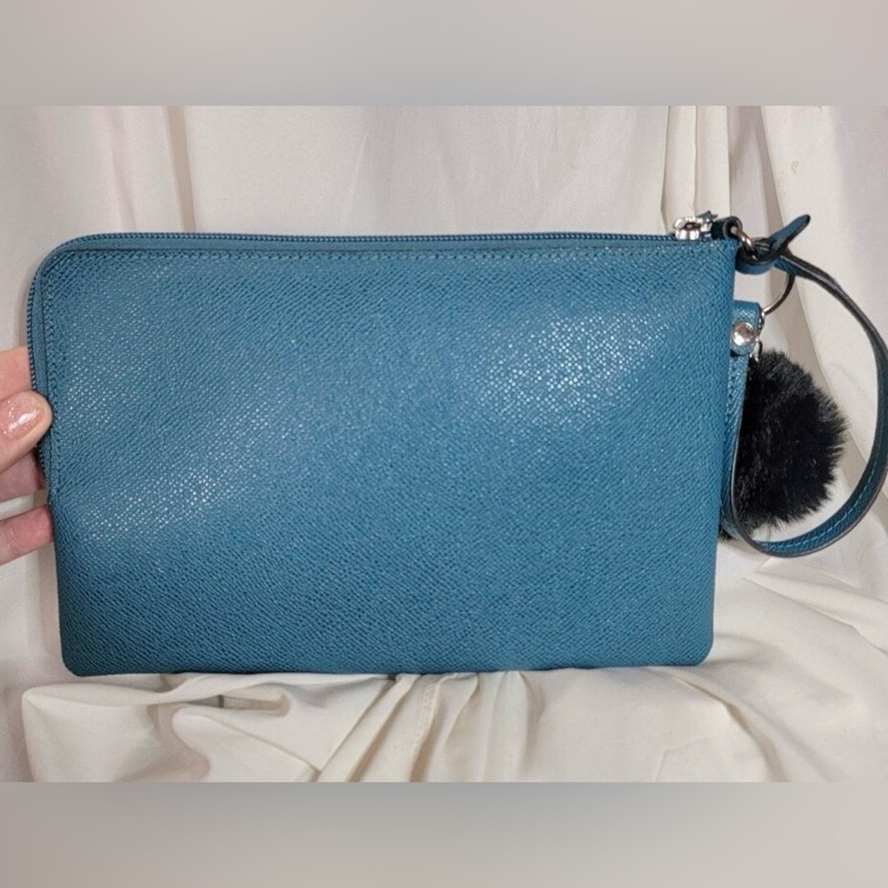 Coach 2017 Teal Large Story Patch Wristlet with Logo Tag and free Pom Pom! NWOT - Picture 3 of 5